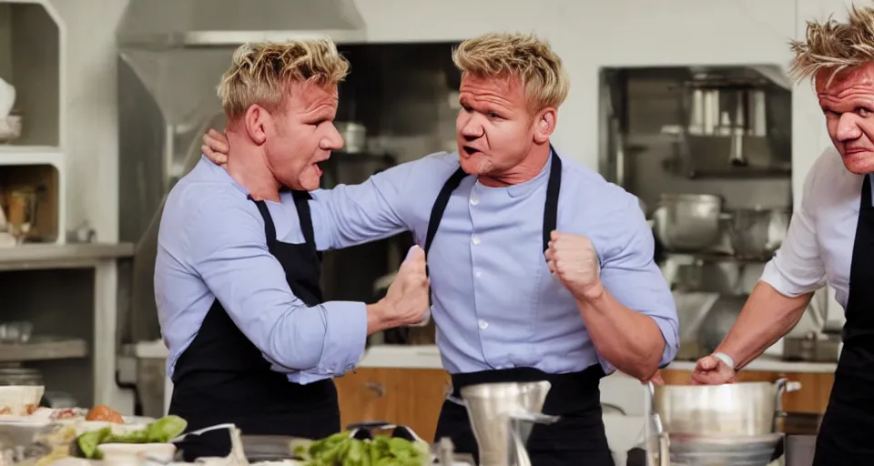 Image similar to photo of angry furious Gordon Ramsay punching Gordon Ramsay at the kitchen