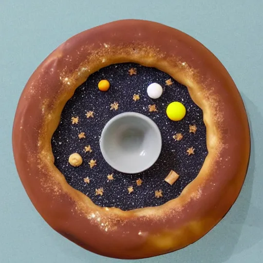 Image similar to a model solar system made out of doughnuts