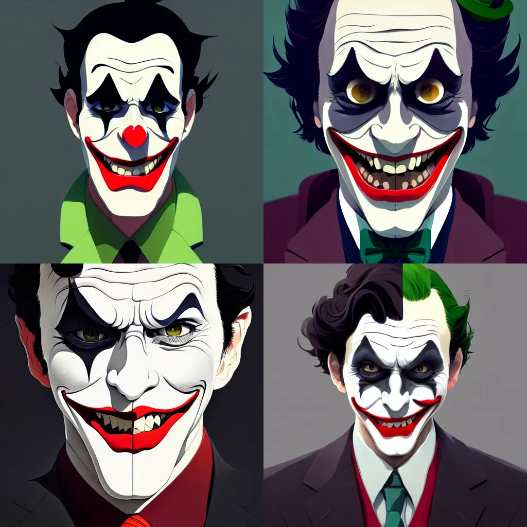 Prompt: portrait of a joker, artstation, elegant, highly detailed, digital painting, concept art, smooth, sharp focus, illustration, art by studio ghibli, fujita goro, atey ghailan, tom whalen, jean giraud 8 k