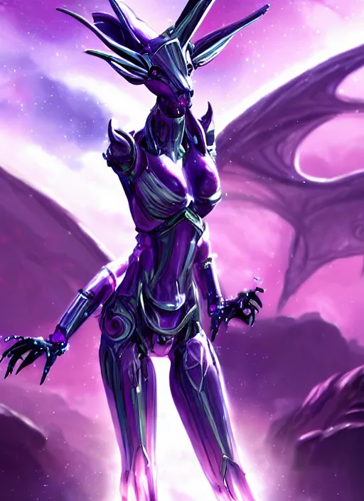 Prompt: cinematic goddess body shot, galactic sized beautiful stunning hot anthropomorphic robot mecha female dragon, sleek dragon head, metal ears, led purple eyes, smooth fuschia skin, nebula size, smooth silver armor, floating in space, epic proportions, epic size, epic detail, furry art, dragon art, giantess art, warframe fanart, furaffinity, octane