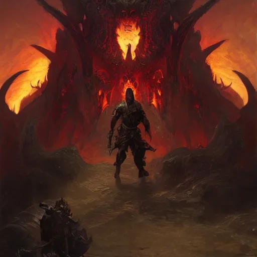 Prompt: a demon hunter stands in front of the gates to hell guarded by a huge dragon, painting by gaston bussiere, craig mullins, j. c. leyendecker, 4 k, 8 k, trending on artstation, artstationhd, artstationhq, highest detail