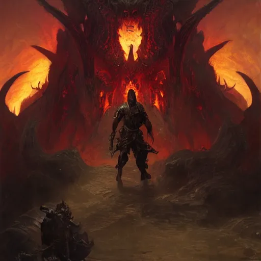 Image similar to a demon hunter stands in front of the gates to hell guarded by a huge dragon, painting by gaston bussiere, craig mullins, j. c. leyendecker, 4 k, 8 k, trending on artstation, artstationhd, artstationhq, highest detail