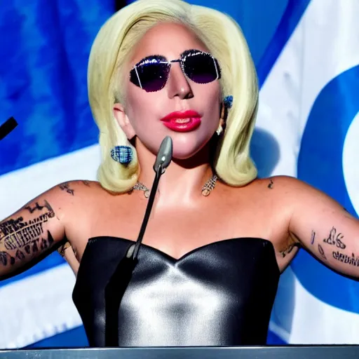 Image similar to Lady Gaga as president, Argentina presidential rally, Argentine flags behind, bokeh, giving a speech, detailed face, Argentina