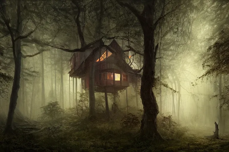 Prompt: a 1 9 5 0 s luminous house in the middle of a dark, gloomy, misty forest enveloped in moss and bark, illustrated by greg rutkowski and gaston bussiere, trending on artstation, intricately defined, complexly detailed, cgsociety contest winner, zbrush, mannerism, 4 k, grim lighting, misty atmosphere
