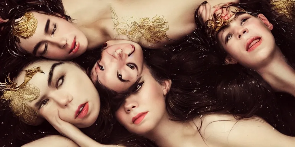 Prompt: stunning photo of dark - haired goddesses vanessa kirby, hailee steinfeld, and bjork smiling, intertwined, laying back on pillows, with wet faces, wet lips, perfect eyes, insanely detailed, elegant, by rutkowski, livia prima, mucha, wlop,