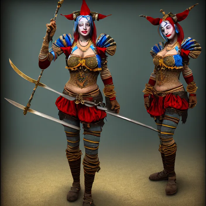 Image similar to full body photo of a real - life beautiful female jester warrior, 8 k, hdr, smooth, sharp focus, high resolution, award - winning photo
