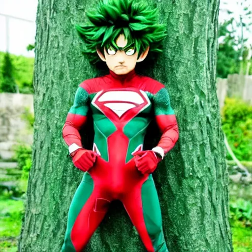 Image similar to midoriya with his superhero suit mixed with a deku tree outfit from zelda , long shot, epic, serious face, epic pose, anime style