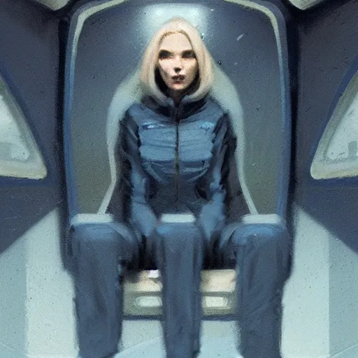 Image similar to concept art by greg rutkowski, a very tall, and slender blonde woman, wearing blue utilitarian jumpsuit, sitting in the spaceship command bridge, brutalist futuristic interior, dark lighting atmosphere, detailed portraits, nostalgic atmosphere, scifi, digital painting, artstation, concept art, smooth, sharp foccus ilustration, artstation hq