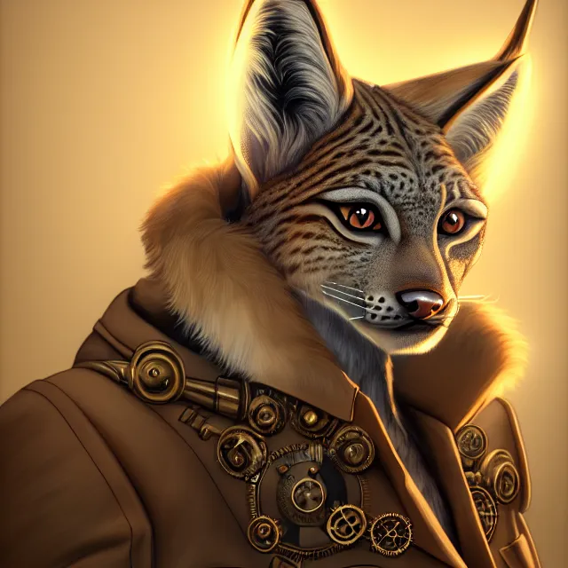 Image similar to the portrait of anthropomorphic lynx fursona wearing a steampunk suit as unimaginably beautiful, gorgeous, elegant, young lynx, an ultrafine hyperdetailed illustration by furaffinity, intricate linework, white fur, unreal engine 5 highly rendered, global illumination, radiant light, detailed and intricate environment