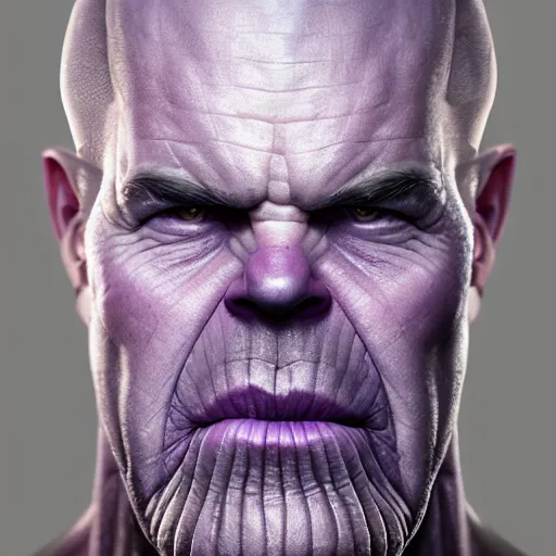 Prompt: thanos face hyperrealistic portrait, photo realistic, poster, artstation, volumetric lighting, digital art, very detailed face by magali villeneuve