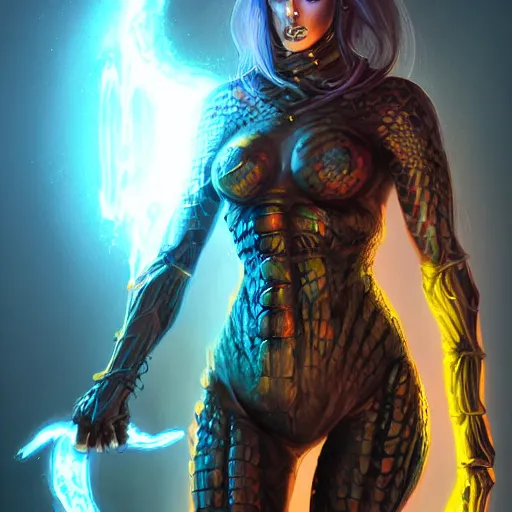 Image similar to dark art, Hot reptile humanoid woman, wearing armor, long blue hair, glowing yellow eyes, burning world, futuristic, digital art, artstation, concept art, 4k, 8k