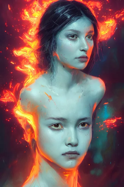 Prompt: a fancy portrait of a young Demon girl covered in colourful flames by Greg Rutkowski, Sung Choi, Mitchell Mohrhauser, Maciej Kuciara, Johnson Ting, Maxim Verehin, Peter Konig, Bloodborne , 8k photorealistic, cinematic lighting, HD, high details, atmospheric , trending on artstation