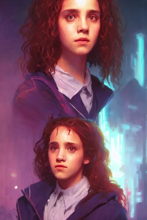 Image similar to portrait of Hermione Granger in cyberpunk, neon lighting, night city, digital art from artstation by Ruan Jia and Mandy Jurgens and Artgerm and william-adolphe bouguereau and Greg Rutkowski and Wayne Barlowe