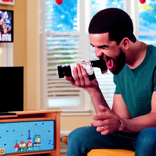 Image similar to Aubrey Drake Graham watching mickey mouse clubhouse on his tv and laughing