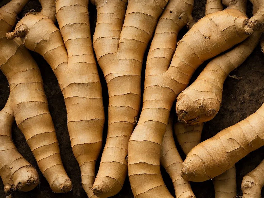 Image similar to worlds largest ginger root, giant ginger root, sigma 85mm, huge, hyperrealistic