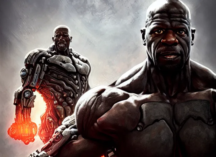 Image similar to terry crews as victor stone, full body concept, cyborg, borg, strogg, face of a man, terminator, flesh, quake strogg, doom demon, wolfenstein, monstrous, powerful, symmetry, symmetrical, concept art by ruan jia and greg rutkowski