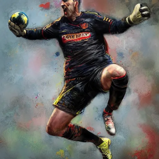 Prompt: A realistic hyperdetailed multi-colored digital oil full body portrait painting of a fat goal keeper jumping saving a shot, black jersey, in the style of Guy Denning, Ruan Jia, and Craig Mullins. Trending on ArtStation and DeviantArt. CGSociety Digital art.