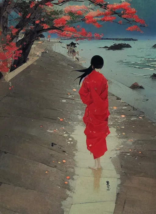 Prompt: 🇯🇵⛩🎎🌊🌦. by satoshi kon, ilya repin, lena aenami, shinji kimura