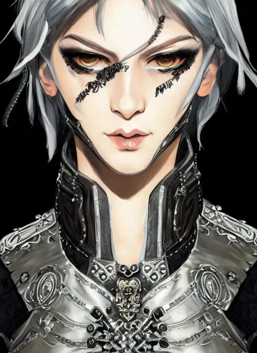 Image similar to Half body portrait of young woman with short silver hair wearing ornate leather tunic, pirate attire. In style of Yoji Shinkawa and Hyung-tae Kim, trending on ArtStation, dark fantasy, great composition, concept art, highly detailed, dynamic pose.