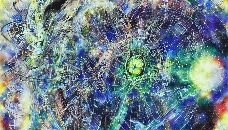 Prompt: Water Color painting of The God Particle by Yoshitaka Amano
