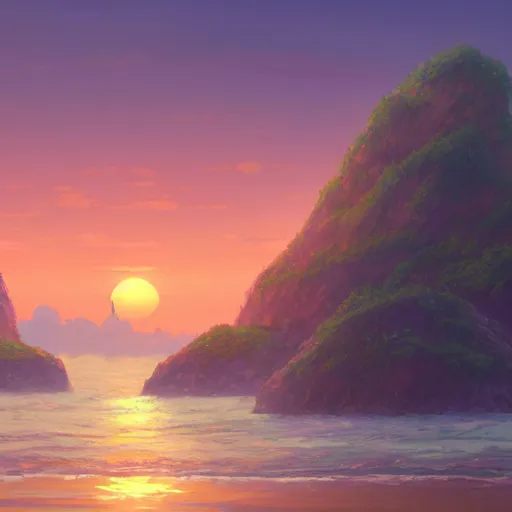 Prompt: beautiful matte digital fantasy concept art of the shore of the island of monuments and statues, with a spectacular sunset, from the studio ghibli movie island monuments, by andreas rocha, pastel color palette, trending on artstation hq, 8 k