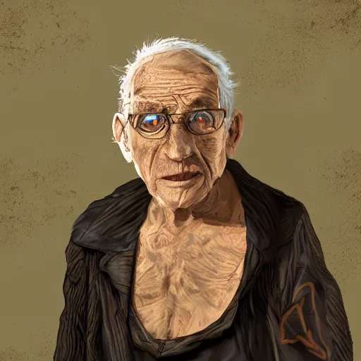 Image similar to detailed half body digital art for a game of a old person wearing ragged and ruined clothes. the background is pure black with a little bit of glow behind the character