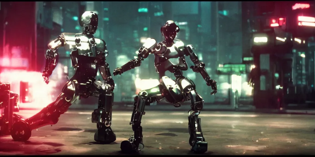 Image similar to Cyberpunk android chrome Robot fight movie escene, shot on imax, cinematic scene, CineStill 800T Film,