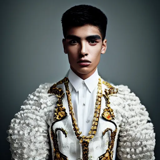 Prompt: a portrait of a beautiful young mexican male wearing alexander mcqueen couture , photographed by andrew thomas huang, artistic