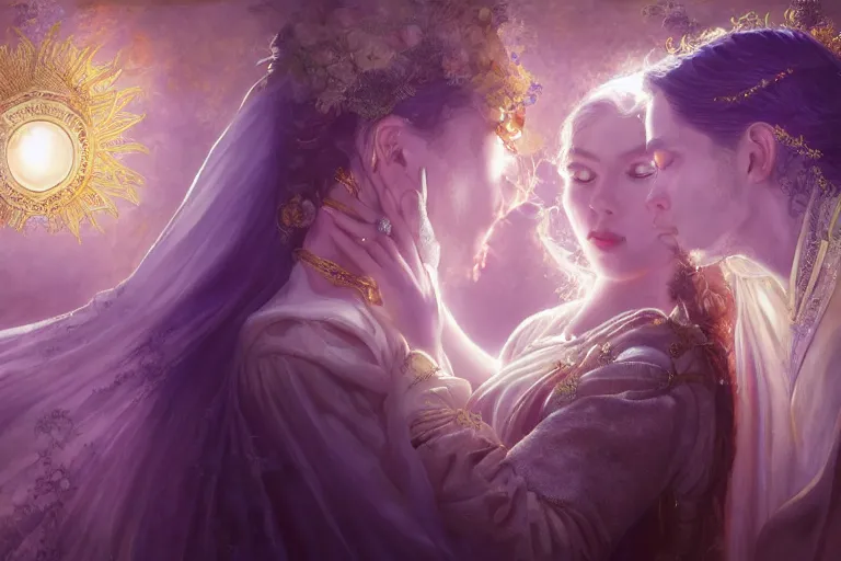 Image similar to a dreamlike cinematic portrait of wedding photograph close up moment of a divine a russia sun god and moon goddess lovers magician at a wedding banquet. portraiture. digital painting. artstation. concept art. fantasy wedding photo. digital painting, 8 k realistic, hyper detailed, violet evergarden art masterpiece by art by krenz cushart