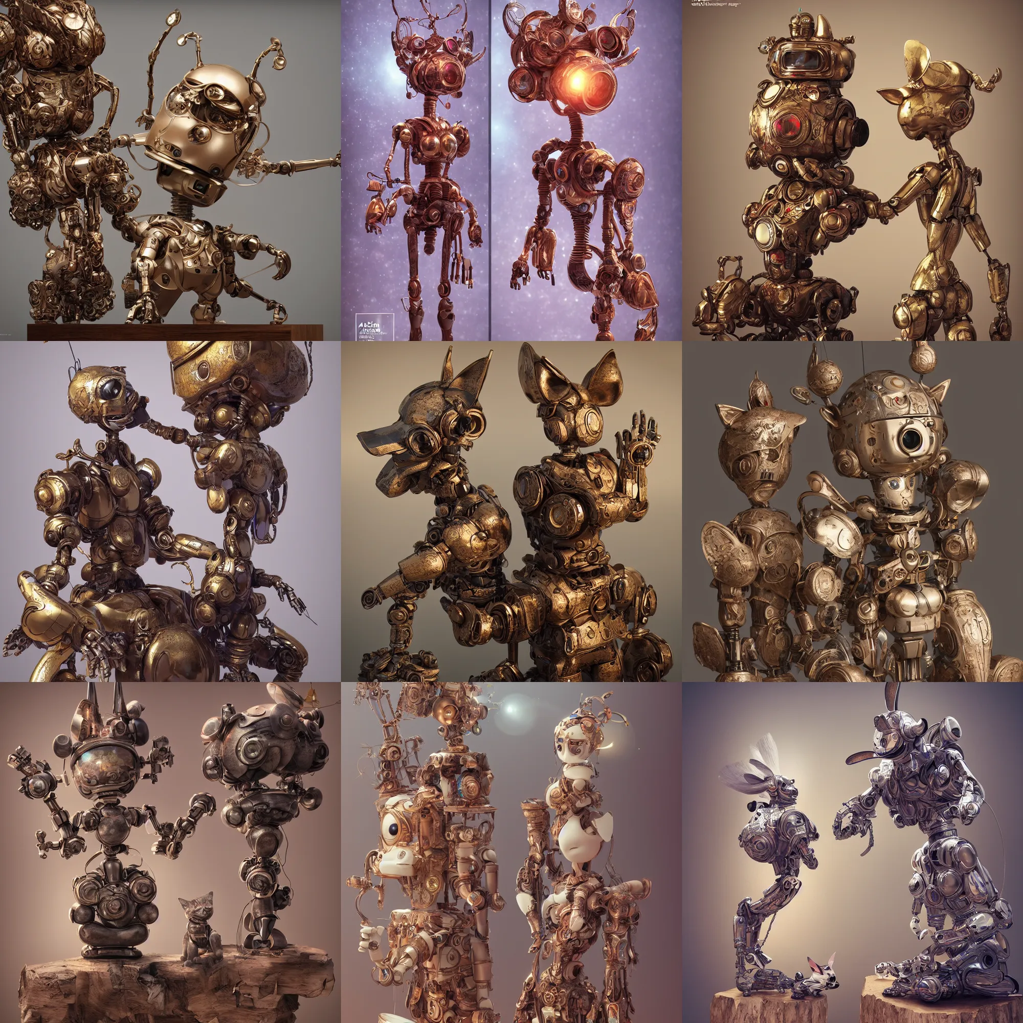 Prompt: 3 d octane render ultra 8 k photorealistic hyperdetailed unreal engine, a wooden sculpture art - toys on a pedestal a very cute mystical robot of the bohemian with cat's ears, concept art, trending on cgsociety, artwork masterpiece, in a contemporary art gallery in neo paris by alphosne mucha