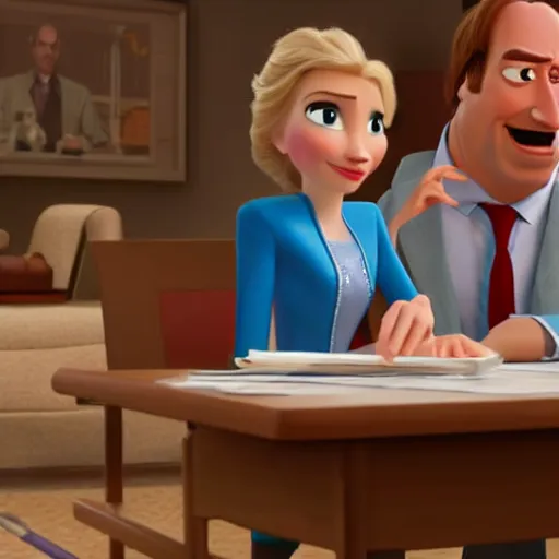 Prompt: elsa getting legal advice from saul goodman from better call saul, disney pixar style, 4k, professional image, pixar animation
