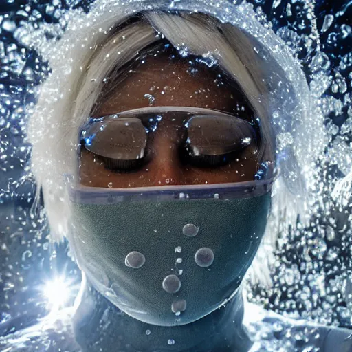 Image similar to futuristic female soldier eyes closed partly submerged in highly viscous clear fluid, frost particles, ice needles, cold blue light, complex hyperdetailed technical suit. white hair flowing. reflection. rays and dispersion of light. volumetric light. 5 0 mm, f / 3 2. noise film photo. ultra realistic, wide angle. rudolf herczog