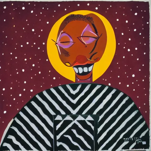 Image similar to by faith ringgold, by tex avery dreadful. a beautiful illustration. the abyss above him shone with unflickering stars. one of the dots of light was earth. he didn ’ t know which one.