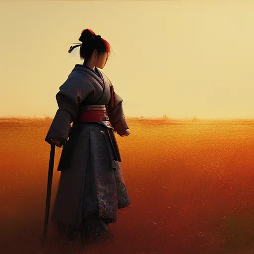 Image similar to female samurai standing in a field in the style of Ruan Jia, golden hour