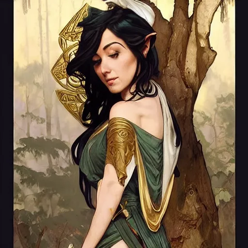 Image similar to portrait of statuesque elf resting on a tree, short black hair, gold robes, expressive face, sharp focus, intricate, smooth, ultra realistic digital art, d & d, high fantasy, pointed ears, elegant, by artgerm, greg rutkowski, alphonse mucha