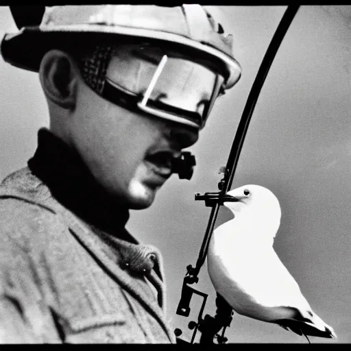 Image similar to a seagull wearing aviator goggles firing a machinegun