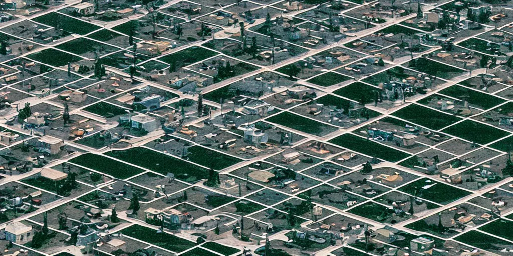 Image similar to endless suburbs, film still from the truman show, aerial isometric