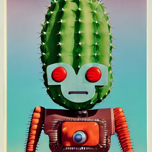 Image similar to a 1950s retro Cactus robot, with space above the head. Bionic cacti Arms and eyes. subject in frame, pop surrealism, muted colours. by Jean-Baptiste Monge, wide shot