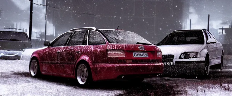 Image similar to Audi A4 B6 Avant (2002), a gritty neo-noir, dramatic lighting, cinematic, eerie person, death, homicide, homicide in the snow, viscera splattered all over the car, gunshots, establishing shot, extremely high detail, photorealistic, red mist, arson, burning city, cinematic lighting, artstation, by simon stalenhag, Max Payne (PC) (2001) winter New York at night, In the style of Max Payne 1 graphic novel, flashing lights, Poets of the Fall - Late Goodbye