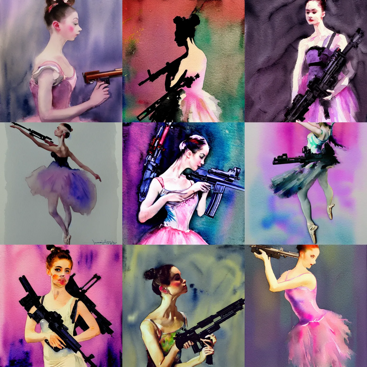 Prompt: ballerina with assault rifle, intricate vaporwave watercolor portrait by john singer sargent