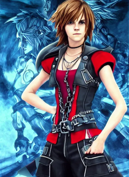 Prompt: Emma Watson as a kingdom hearts character, square enix painted official artwork, intricate, highly detailed, epic, awesome, dramatic lighting, patterns
