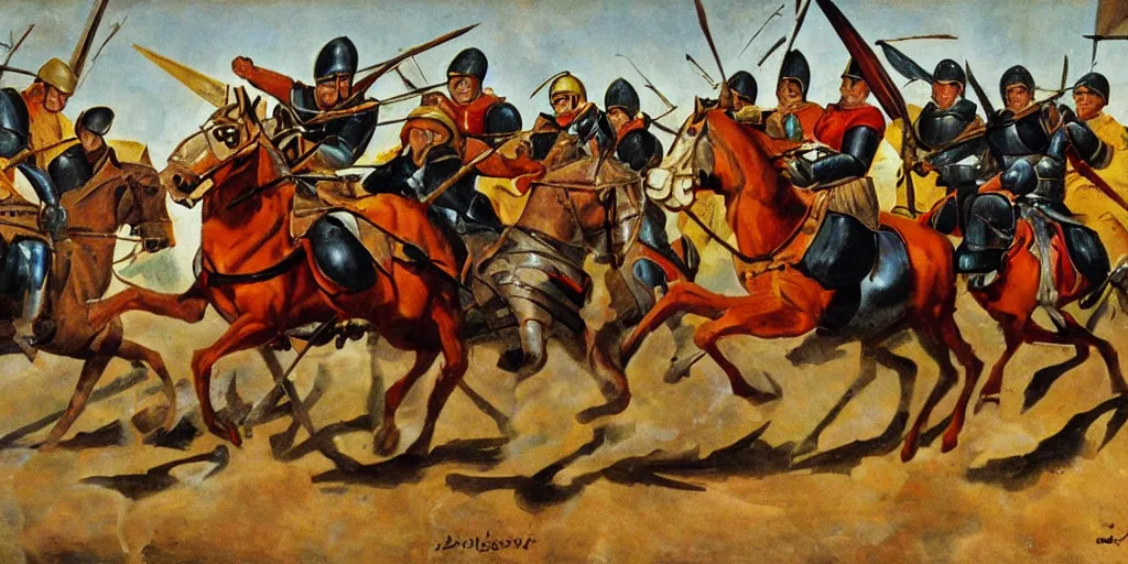 Image similar to medieval knight cavalry charge, italian futurism style