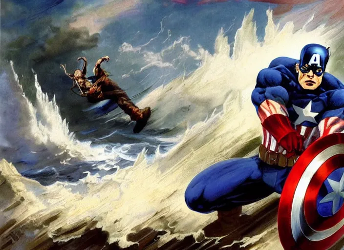 Image similar to A striking painting of Captain America by Frank Frazetta wild ocean storm at night, a giant Sonic the Hedgehog emerging from, dramatic lighting, extremely high detail, trending on artstation,