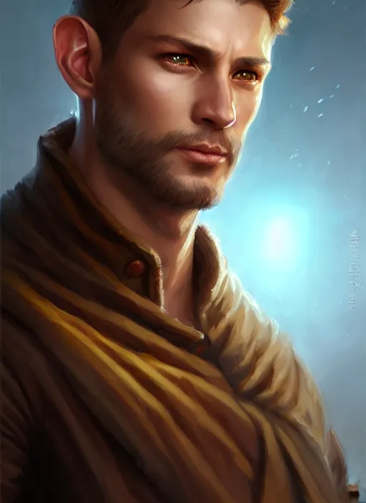 Image similar to a _ fantasy _ style _ portrait _ painting _ of light brown male short hair chiseled face big ears, rpg dnd oil _ painting _ unreal _ 5 _ daz. _ rpg _ portrait _ extremely _ detailed _ artgerm _ greg _ rutkowski _ greg