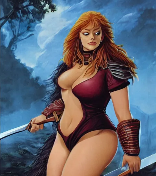 Image similar to 1 9 8 0 s fantasy novel book cover, bbw plus size amazonian emma stone in extremely tight bikini armor wielding a cartoonishly large sword, exaggerated body features, dark and smoky background, low quality print