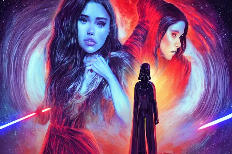 Prompt: madison beer, star wars by ciruelo cabral and john picacio, trending on artstation, bioluminescence aerial view gothic, movie poster, vibrant colors, infrared, street art