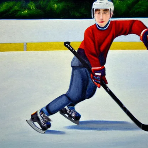 Prompt: a painting of a kid playing hockey in an outdoor rink, close up, action shot