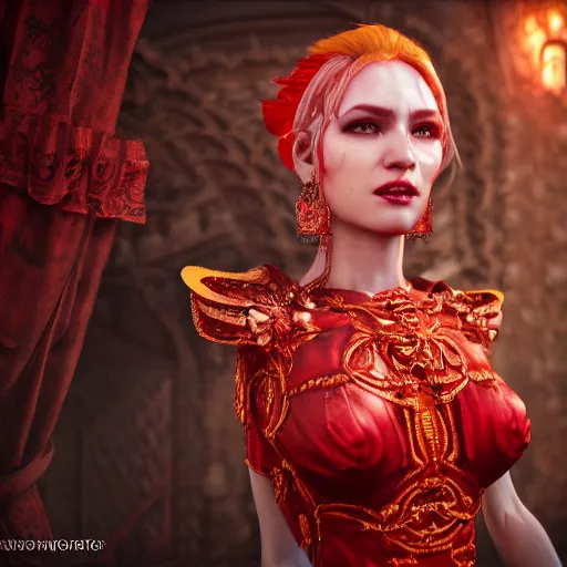 Image similar to minagho, pathfinder wrath of the righteous, demon girl, gorgeous, ornate dashing red garments, earrings, perfect symmetry face, intricate portrait, red dress, ashen blonde hair, 8 k resolution, volumetric lighting, trending on art station, magic realism, octane rendering, unreal engine 5