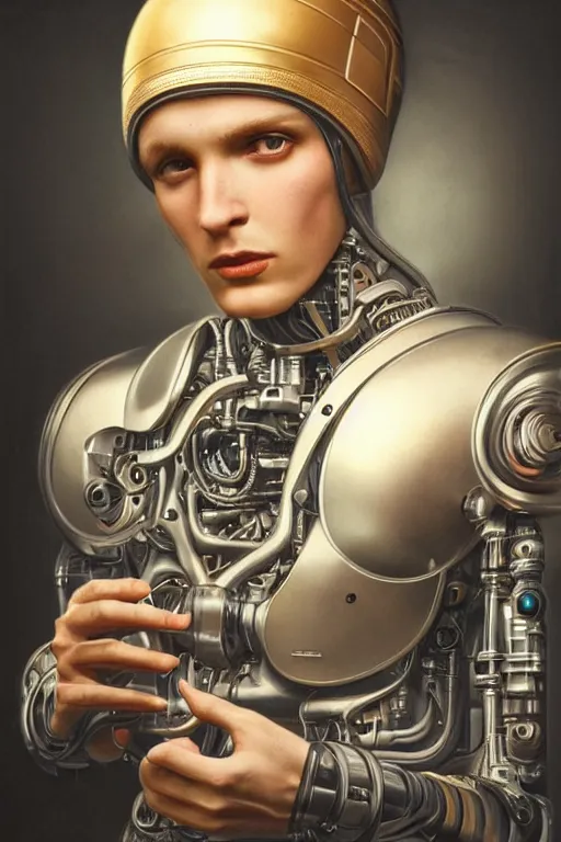 Image similar to a beautiful ultradetailed vintage photo of a futuristic cybernetic cyborg male wearing a toque chef hat, by tom bagshaw and anna dittman, portrait, 3 5 mm lens, golden ratio composition, detailed face, studio photography, very detailed, humanoids, industrial robots, artstation, 8 k, highly coherent