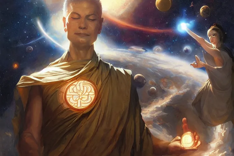 Image similar to space, buddhism, taoism, painting by greg rutkowski, j. c. leyendecker, artgerm